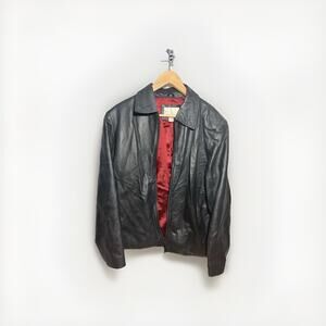 Vintage Worthington Black Lambskin Leather Jacket Women’s Large Red Lined